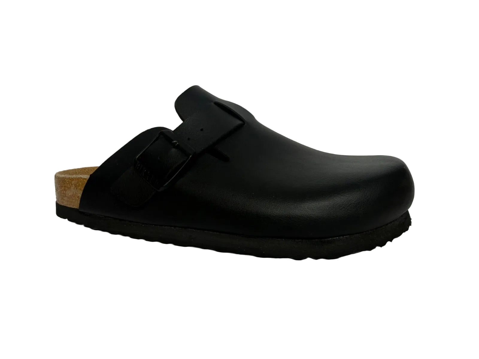 Black clog shoe with cork sole on a white background