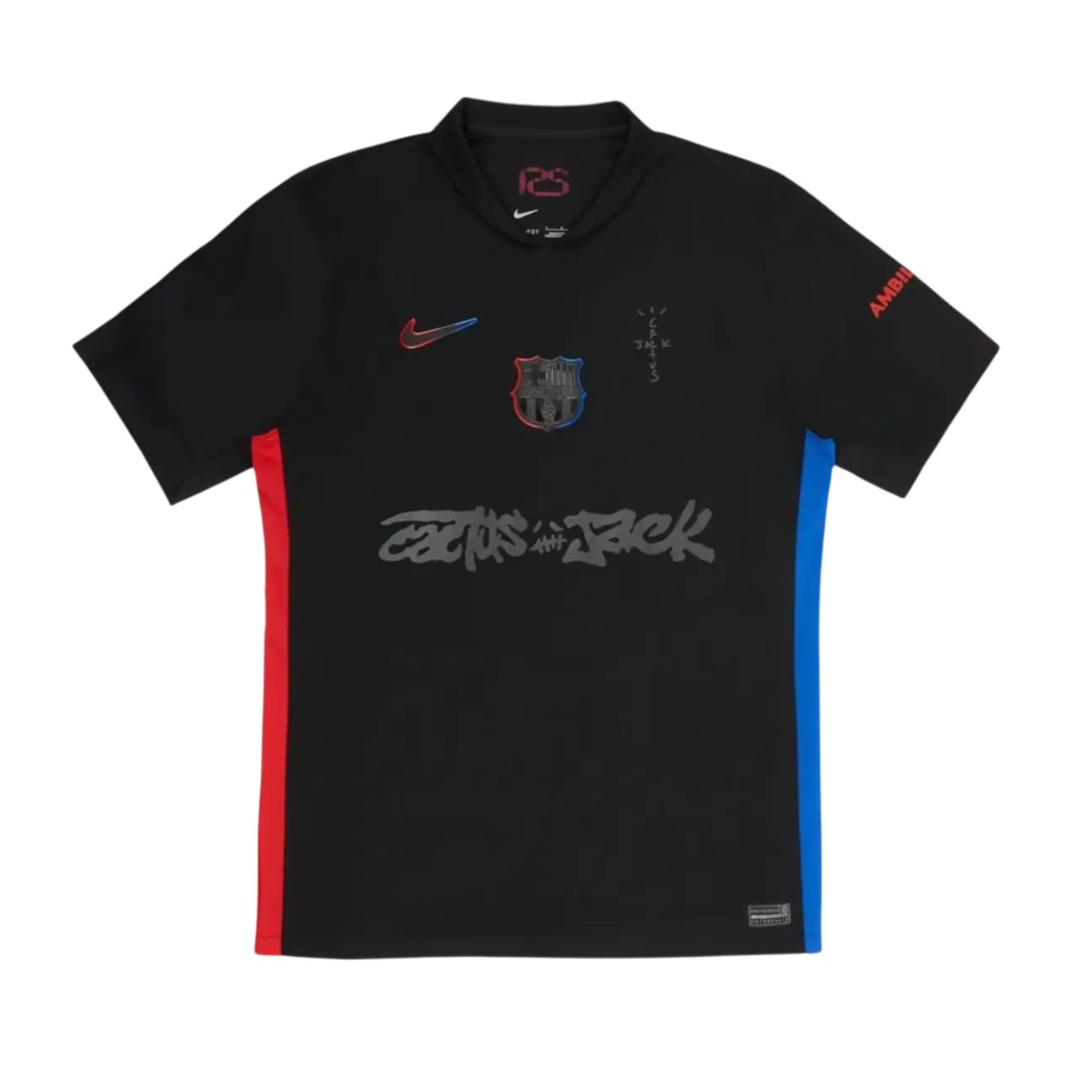 Limited edition FC Barcelona away jersey featuring a collaboration with Travis Scott. The jersey is primarily black with beige, brown, and red detailing and the Barça crest, Nike swoosh, and Cactus Jack branding visible.