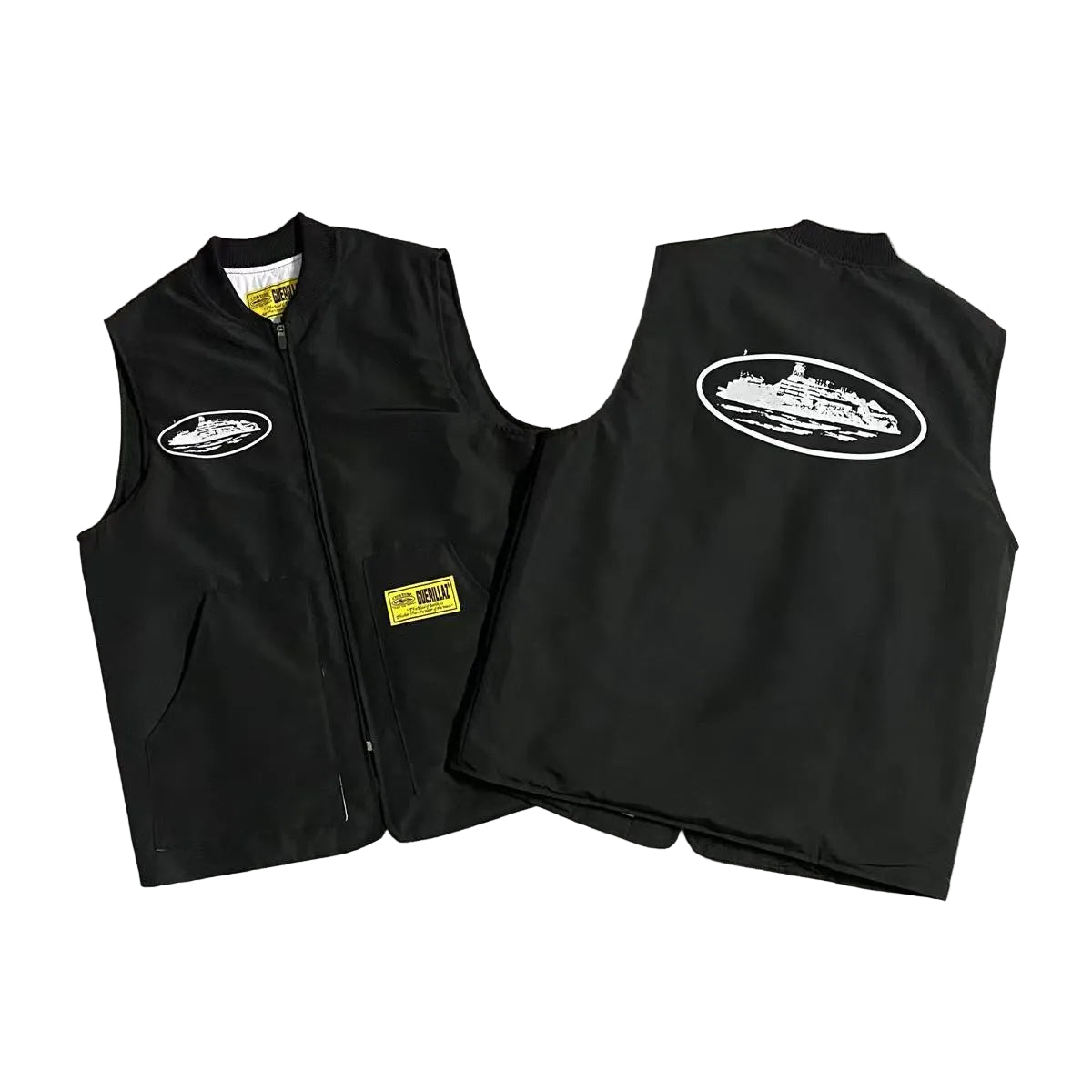 Two black vests with logos on a white background