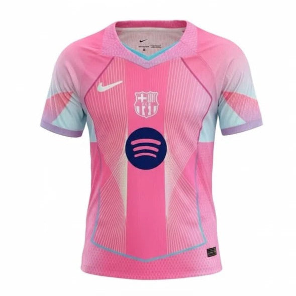 Pink soccer jersey with brand logos on a white background