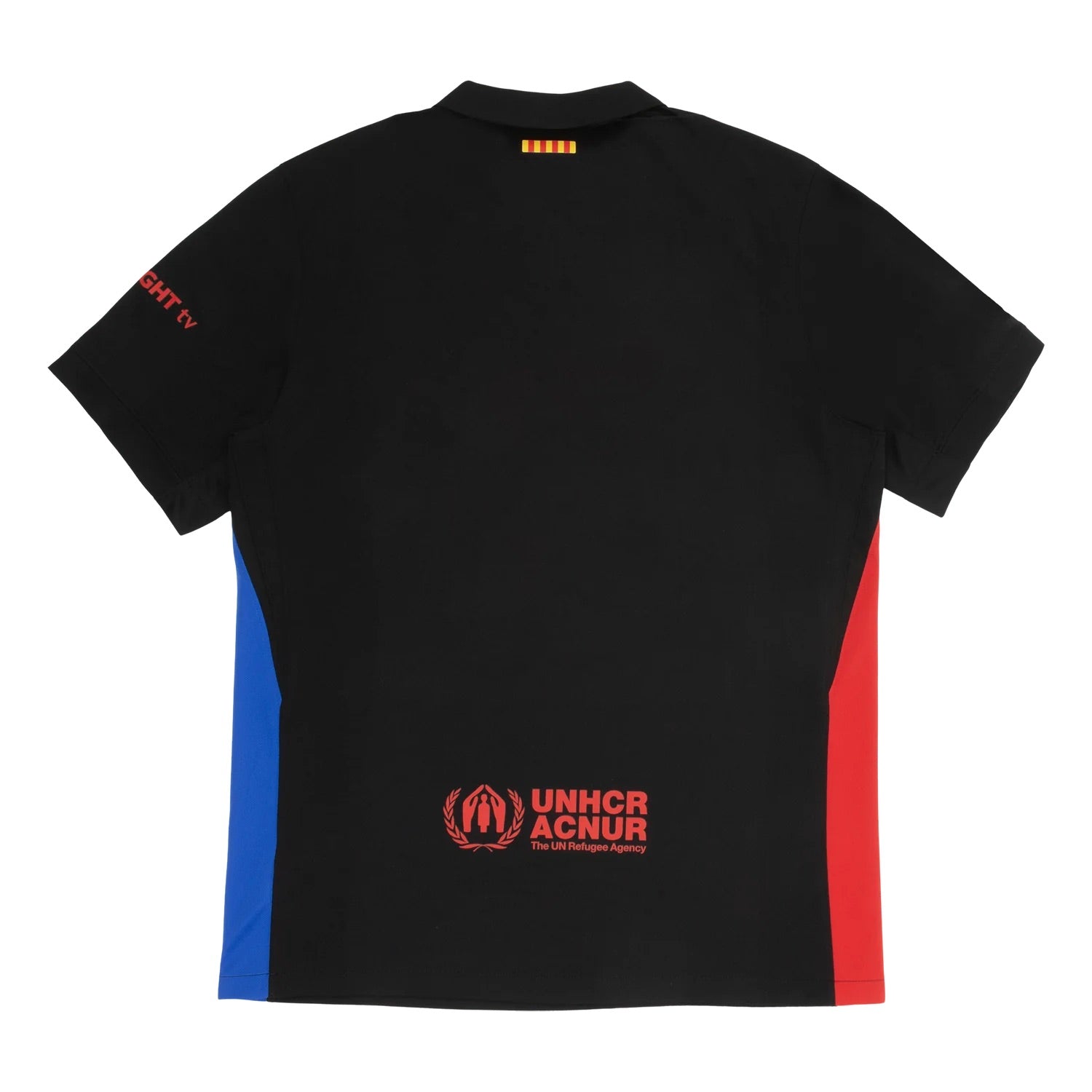 Black t-shirt with red and blue accents and logos on a white background